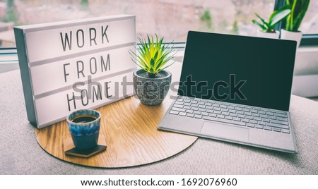 Working From Home Remote Work Inspirational Social Media Lightbox Message Board Next To Laptop And C Zdjęcia stock © Maridav