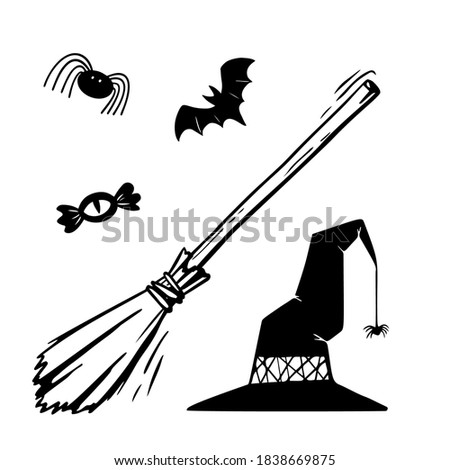 [[stock_photo]]: Set Of Witch Brooms Vector Isolated Objects On White Hand Drawn Style
