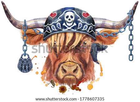 Stockfoto: Watercolor Illustration Of A Brown Long Horned Bull With Steampunk Glasses