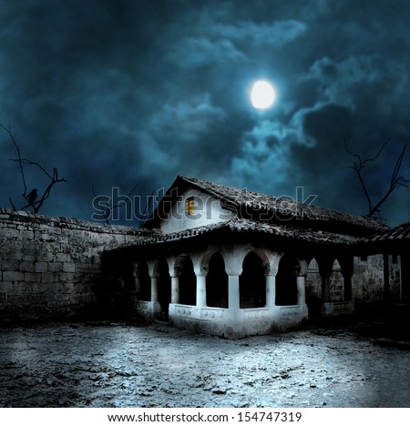 ストックフォト: Scary Dark Courtyard In The Ominous Moonlight Night In A Cold Ha