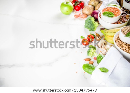 Stock photo: Selection Food Rich In Fiber On White Wooden Background Around Empty Plate