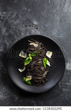 Stock photo: Black Pasta With Mussels And Parmesan