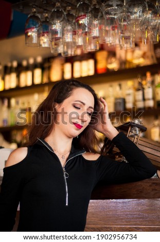 Stockfoto: Beautiful Pensive Woman With Red Lips In Cocktail Evening Dress