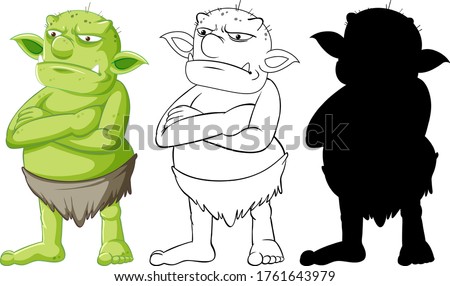 Сток-фото: Goblin Or Troll In Color And Outline And Silhouette In Cartoon C
