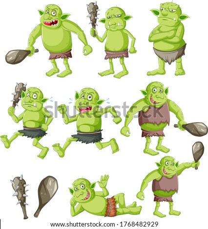 Stok fotoğraf: Set Of Goblin Or Troll With Hunting Tool Isolated On Whie Backgr