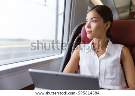 Asian Woman Traveling Using Laptop In Train Businesswoman Pensive Looking Out The Window While Work Stockfoto © Maridav