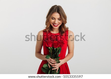 Foto stock: Beautiful Smiling Woman With Red Roses Flowers Bouquet In Modern