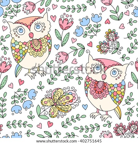 Foto stock: Paisley Pattern Owl And Butterfly Illustration