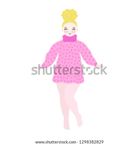 Stok fotoğraf: Girl In Warm Dress Dancing And Smiling Pastime Hand Drawn Cute Cartoon Character Unique Design F