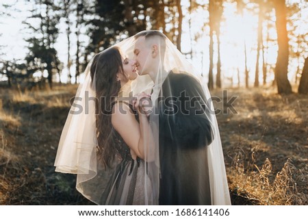 Сток-фото: A Stylish Newlyweds Cuddle In Nature On The Background Of Rocks And Cliffs