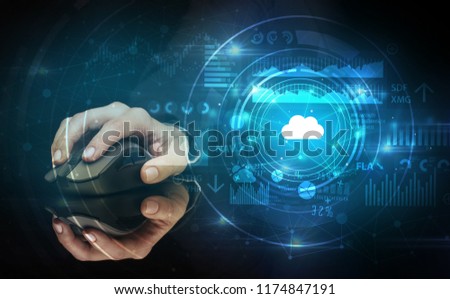 Foto d'archivio: Hand Using Mouse With Cloud Technology And Online Storage Concept