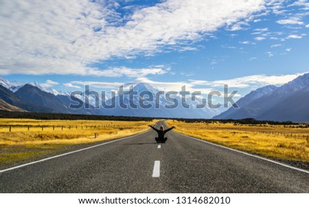 Stock photo: New Zealand Travel Happy Tourist Woman Jumping Of Joy At Wanaka Lake Landscape With Lone Tree Famou