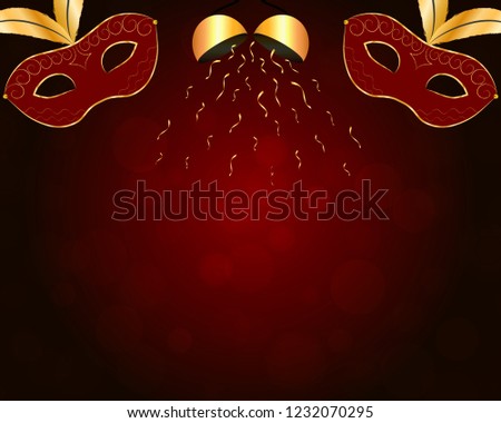 Stockfoto: Carnival Red Mask On Gold Abstract Background With Bokeh Effect
