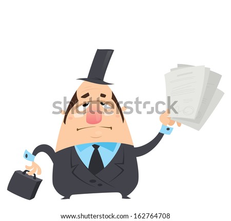 Foto d'archivio: Cartoon Serious Man In Black Costume Holding Papers With Signatu