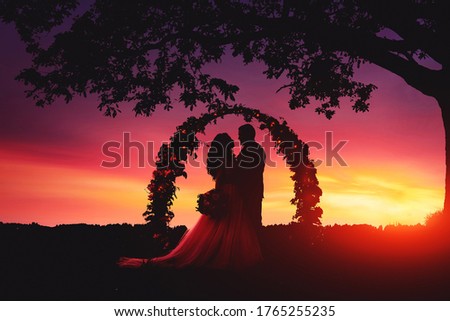 Foto d'archivio: Sunset Bride Silhouette Wedding Ceremony Arch With Flower Arra