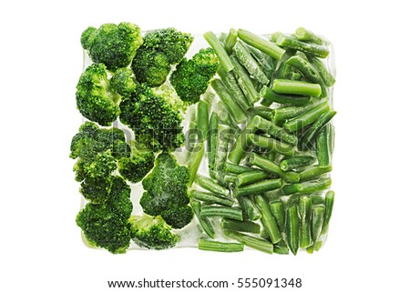 Stockfoto: Briquette Of Fresh Frozen Green French Bean And Broccoli With Hoarfrost Closeup On White Background