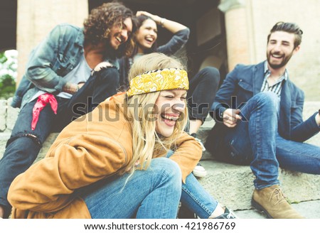 Stock foto: Photo Of Friendly Hippie People Men And Women Smiling And Takin