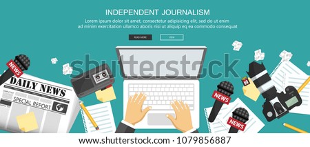 Stok fotoğraf: News And Journalism Concept Independent Journalism Flat Banner Equipment For Journalist On Desk F