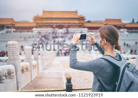 Zdjęcia stock: Enjoying Vacation In China Young Woman In Forbidden City Travel To China Concept Visa Free Transi