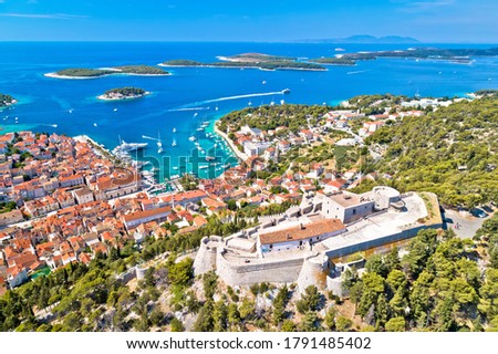 Amazing Town Of Hvar And Napoleon Fortress Aerial View Foto stock © xbrchx