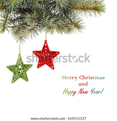 Stock photo: Christmas Fir Branch With Multicoloured Stars On A White Back