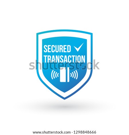 Zdjęcia stock: Blue Secure Transaction Shield With Card And Contactless Payment Vector Illustration Isolated On Wh