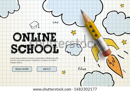 Stok fotoğraf: Back To School With Rocket And Doodles Background Landing Page Template Vector Illustration For Ba