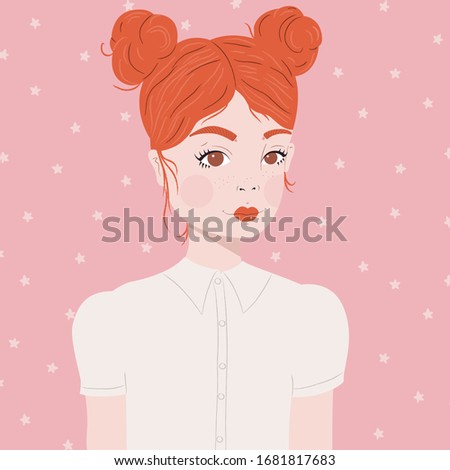 Foto stock: Portrait Of A Girl With Red Hair And Double Buns In White Blouse On Pink Background With White Sta