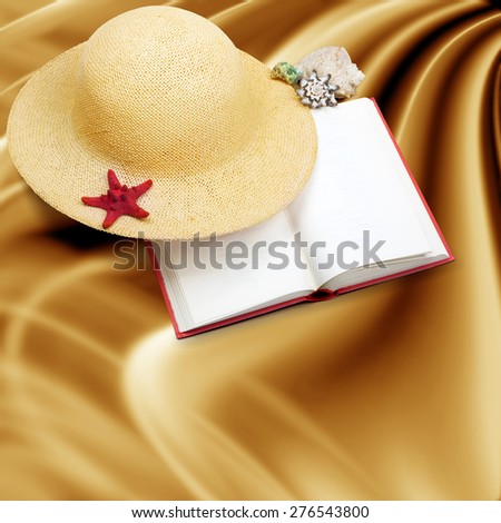 Zdjęcia stock: Straw Hat With Book And Red Starfish On Shabby Paper Background