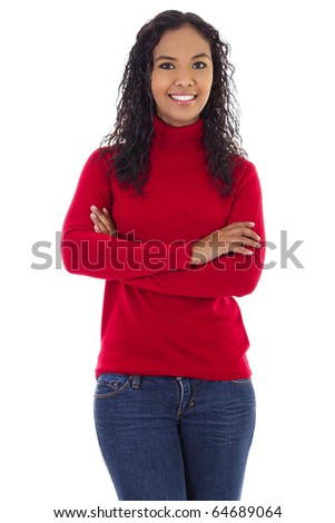 Woman In Red Sweater On Black Background Stockfoto © iodrakon