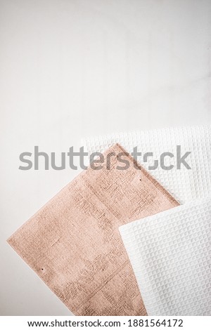 Stockfoto: Kitchen Textile On Chic White Marble Background Napkin And Towe