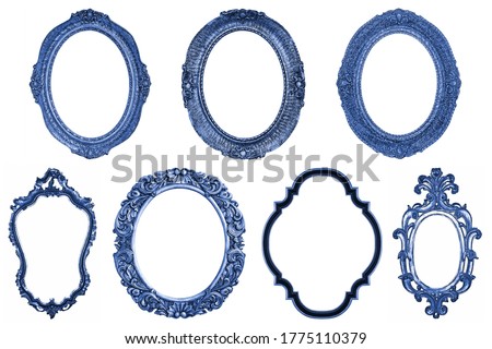 Stok fotoğraf: Set Of Oval Decorative Vintage Blue Wooden Frames Isolated On Wh