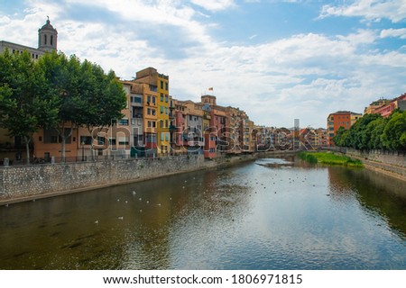 Stockfoto: Girona Picturesque Small Town With Colorful Houses And Ancient C