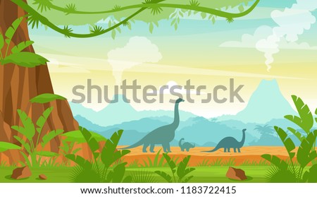 Foto d'archivio: Prehistoric Wildlife Nature Landscape With Dinos Mountains Volcanos