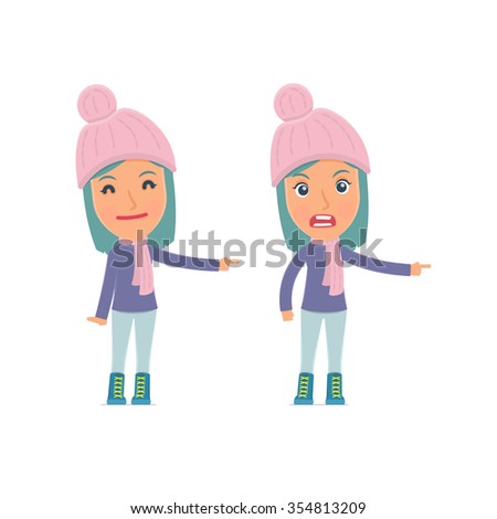 Foto stock: Happy And Angry Character Winter Girl Making Presentation Using