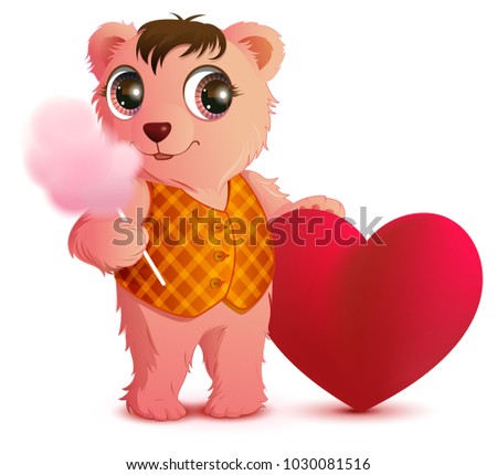 [[stock_photo]]: Pink Fun Bear Holds Sweet Cotton Wool And Heart Shape Valentines Day Greeting Card