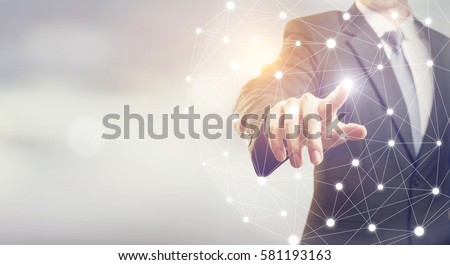 Stock foto: Innovation In The Digital World Businessman Pointing At Abstract Cubes Shines 3d Rendering