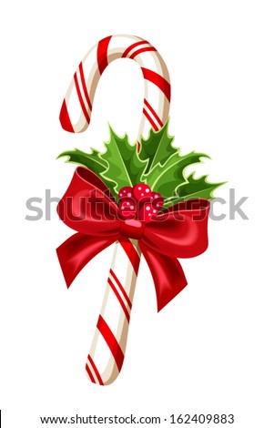 Stockfoto: Sweet Christmas Caramel Cane With Green Holly Leaves And Berries