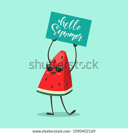 Zdjęcia stock: Green Watermelon Fruit Cartoon Character With Sunglasses Holding Up A Glass Of Juice