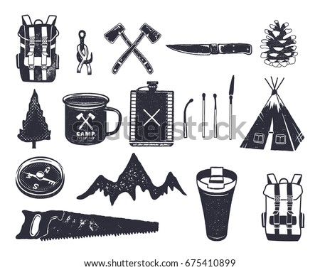 Foto d'archivio: Vintage Hand Drawn Camp Axe Silhouette Design Stock Illustration Isolated On White Background