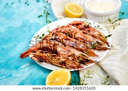 Stok fotoğraf: Grilled Big Tiger Shrimps Prawns On White Plate