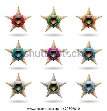 Foto stock: Beige Embossed Stars With Colorful Pentagon Shapes Vector Illust