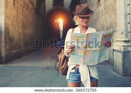 Foto d'archivio: Relaxed Happy Traveler Young Hipster Woman Traveler With Backpa