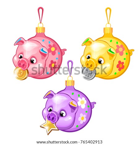 Stock photo: Sketch With Christmas Tree Decorations Pigs Isolated On White Background Colorful Festive Glass Bau