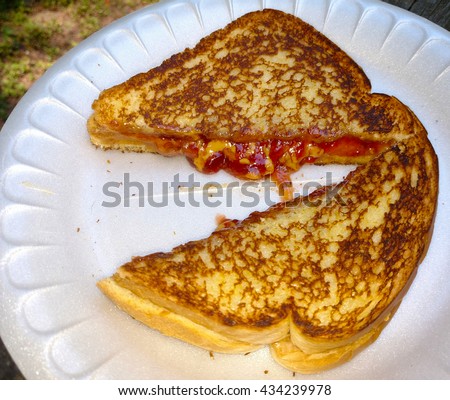 Stok fotoğraf: Peanut Butter Sandwiches Toasts On White Plate Outdoor Tropical Background