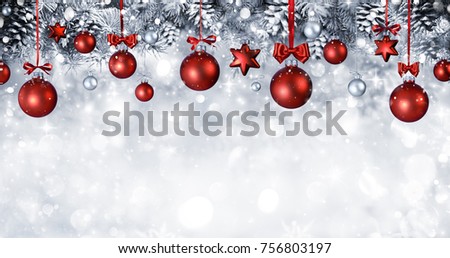 Stock foto: White Christmas Balls Hanging With Snowy Fir Branches And String