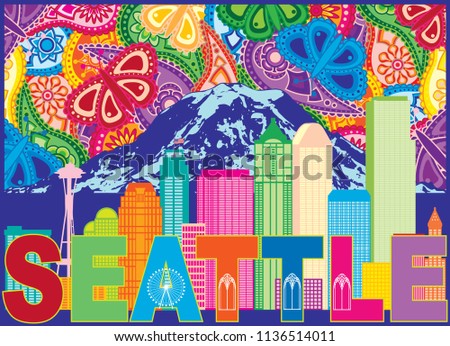 Stock foto: Seattle City Skyline Mount Rainier Text Paisley Pattern Color Il