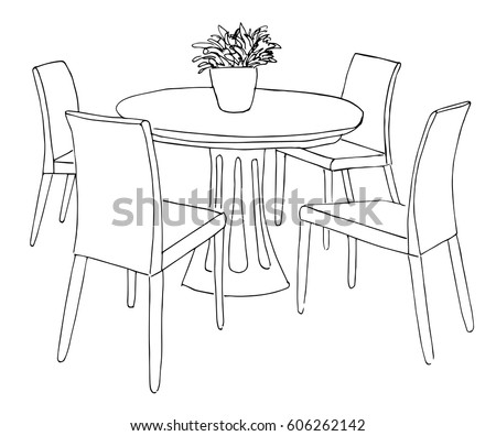 Сток-фото: Part Of The Dining Room Round Table And Chairson The Table Vase Of Flowers Hand Drawn Sketchvect