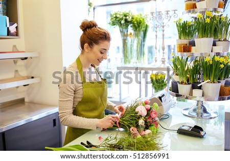 Foto stock: Young Women Business Owner Florist Making Or Arranging Artificia