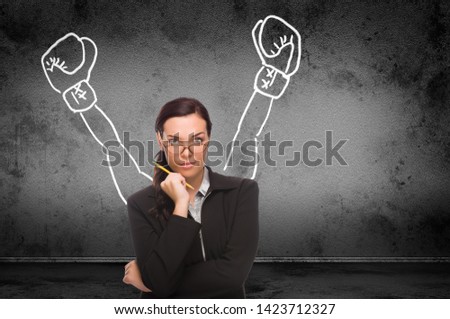 Stock photo: Young Adult Woman With Pencil In Front Of Boxing Gloves On Hands